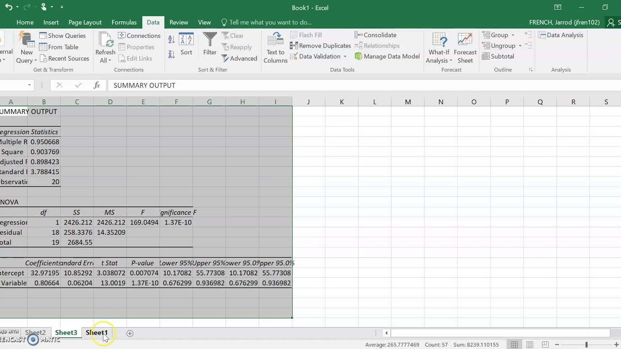 Determining the equation of a regression line using Excel