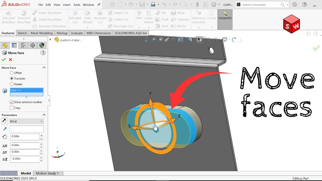 Как переместить грань в учебном пособии Solidworks