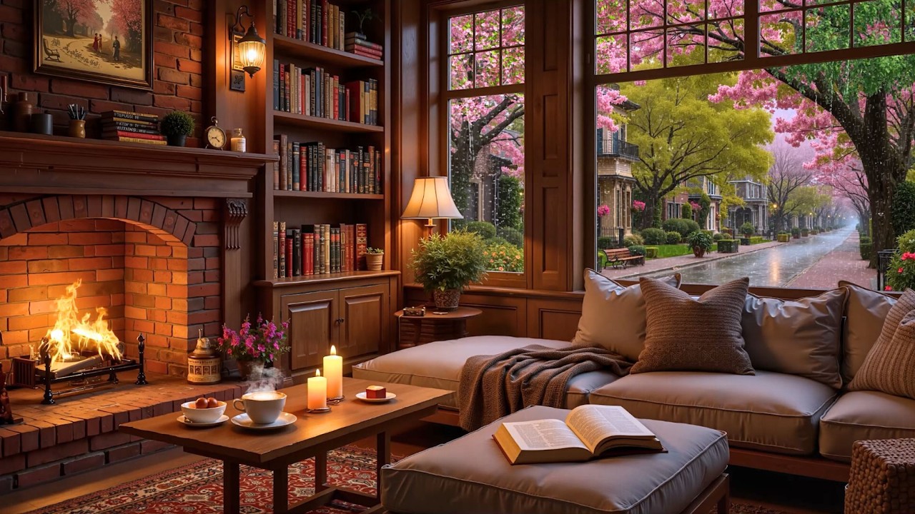 March Spring Rain Coffee Shop ☕🌧️ Smooth Jazz Piano & Fireplace Sounds for Study & Focus