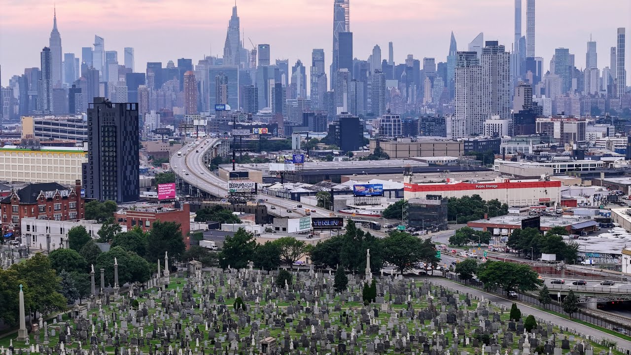 Calvary Cemetery with Manhattan Skyline | Drone footage | A Peaceful Haven in a Bustling City