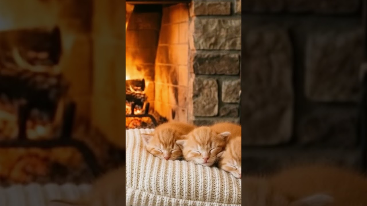 Kitten Purring by the Fireplace [For sleep rest and calm nights] #SleepingCat #CatNap #CracklingFire