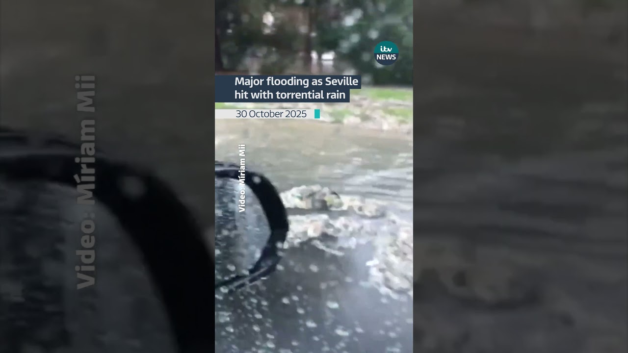 Vehicles submerged and drains overflow as Seville hit with torrential rain #itvnews