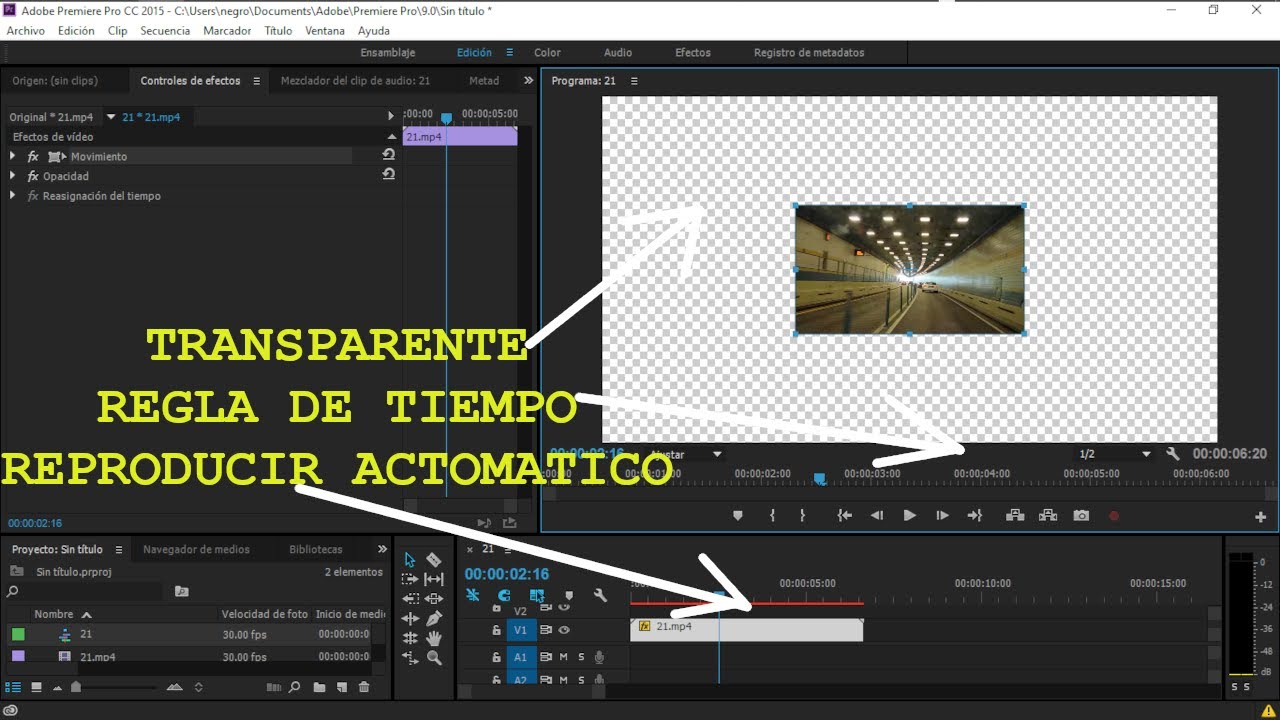 9 Premiere Pro, Como cambiar fondo de pantalla a transparente, regla de tiempo reproducir automático