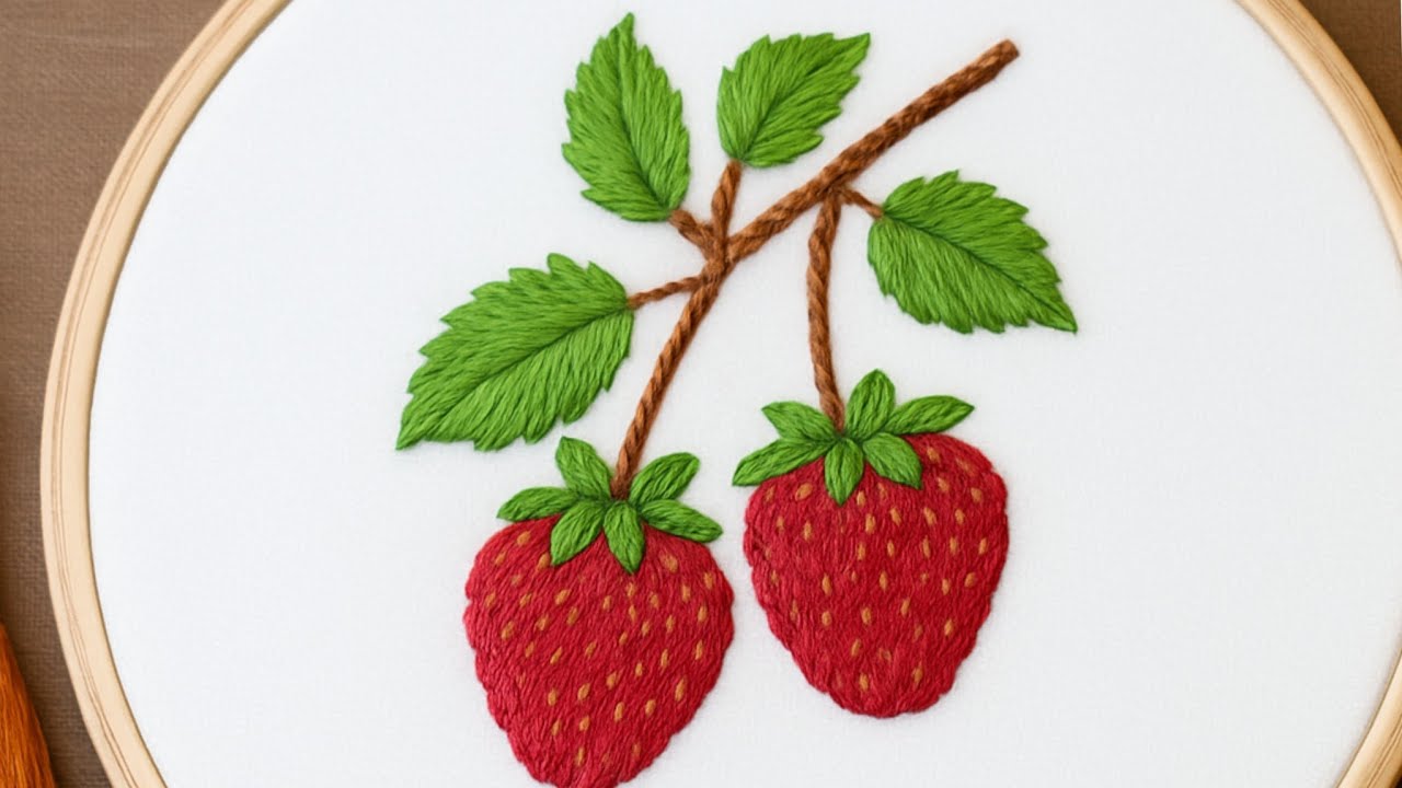 Easy Strawberry Embroidery with Stem | Satin Stitch & Split Stitch Tutorial for Beginners