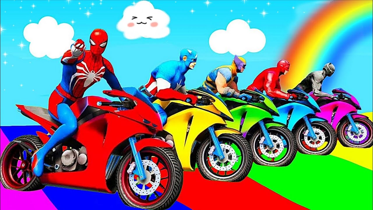 Человек-паук спасает Бэтмена - Superheroes Ride Motorcycles on Parkour Ramp Funny GTA 5 Stunts?