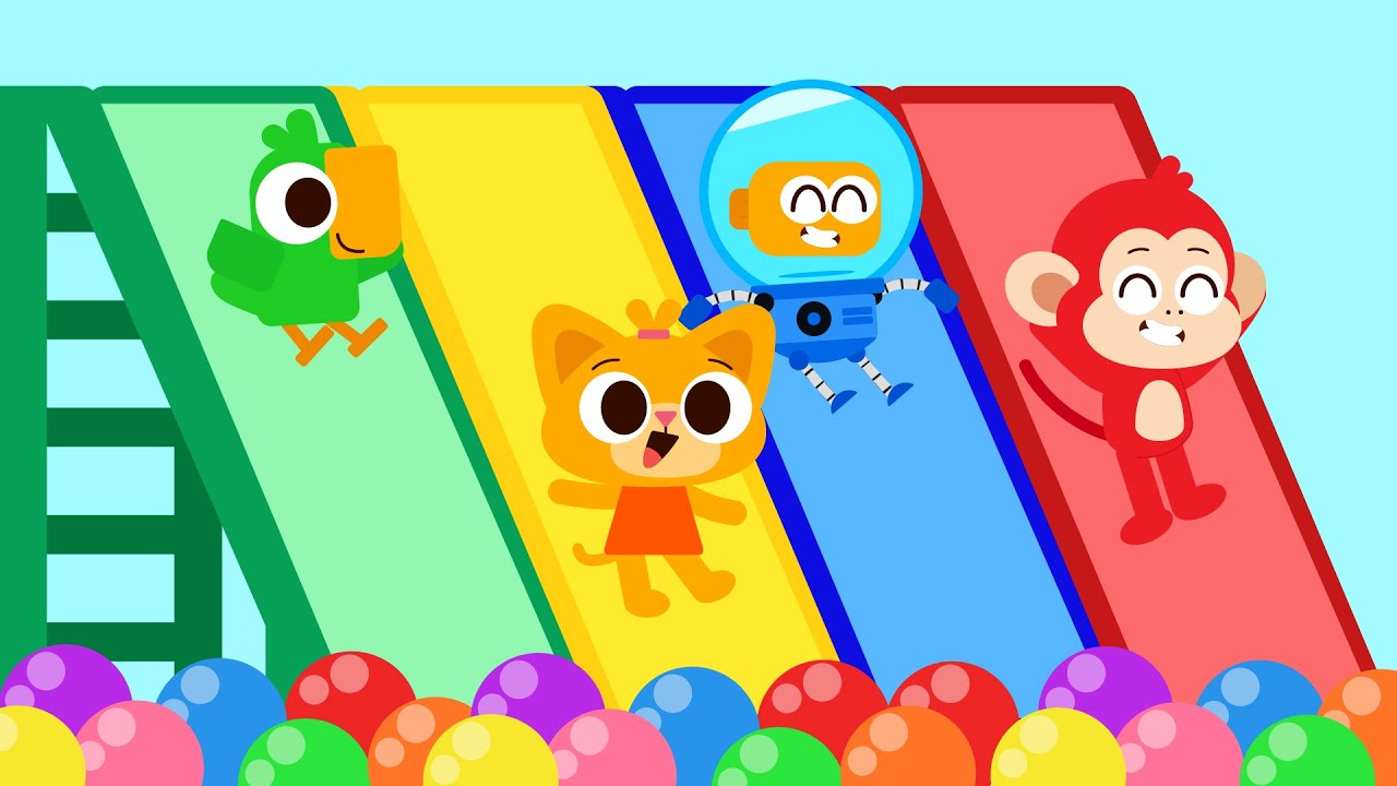 Learn Color with Rainbow Slide 🌈 Red, Orange, Yellow, Pink, Green, Blue, Purple ️🎨 Monkey Junior