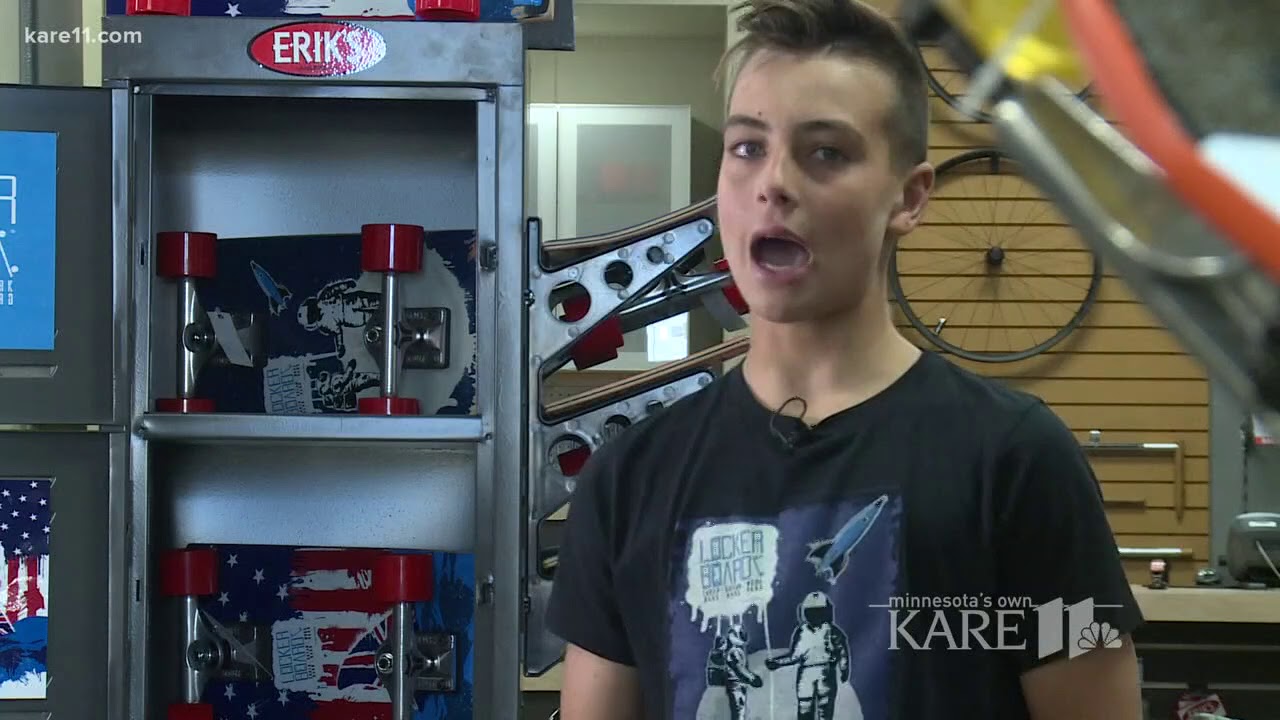 Erik of 'Erik's Bike Shop' welcomes young skateboard inventor