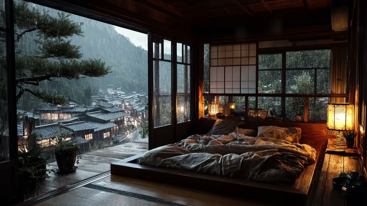 Peaceful Rainy Night Bedroom | Stress and Anxiety Relief - Deep Sleep Piano Music for Insomnia Calm