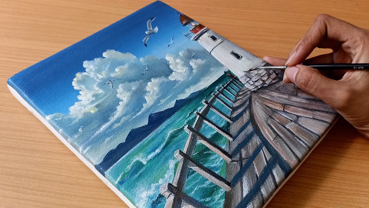 How to draw a Light house/Light house acrylic painting/Ocean painting 