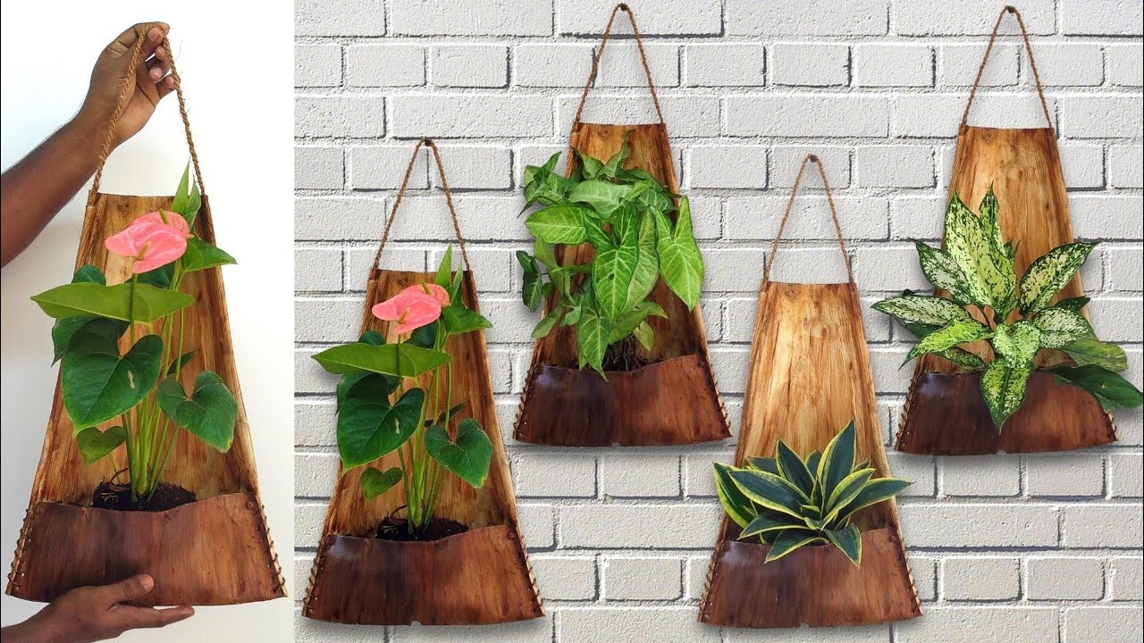 Recycling arecanut leaf for amazing flower pot making / hanging plants ideas / garden ideas