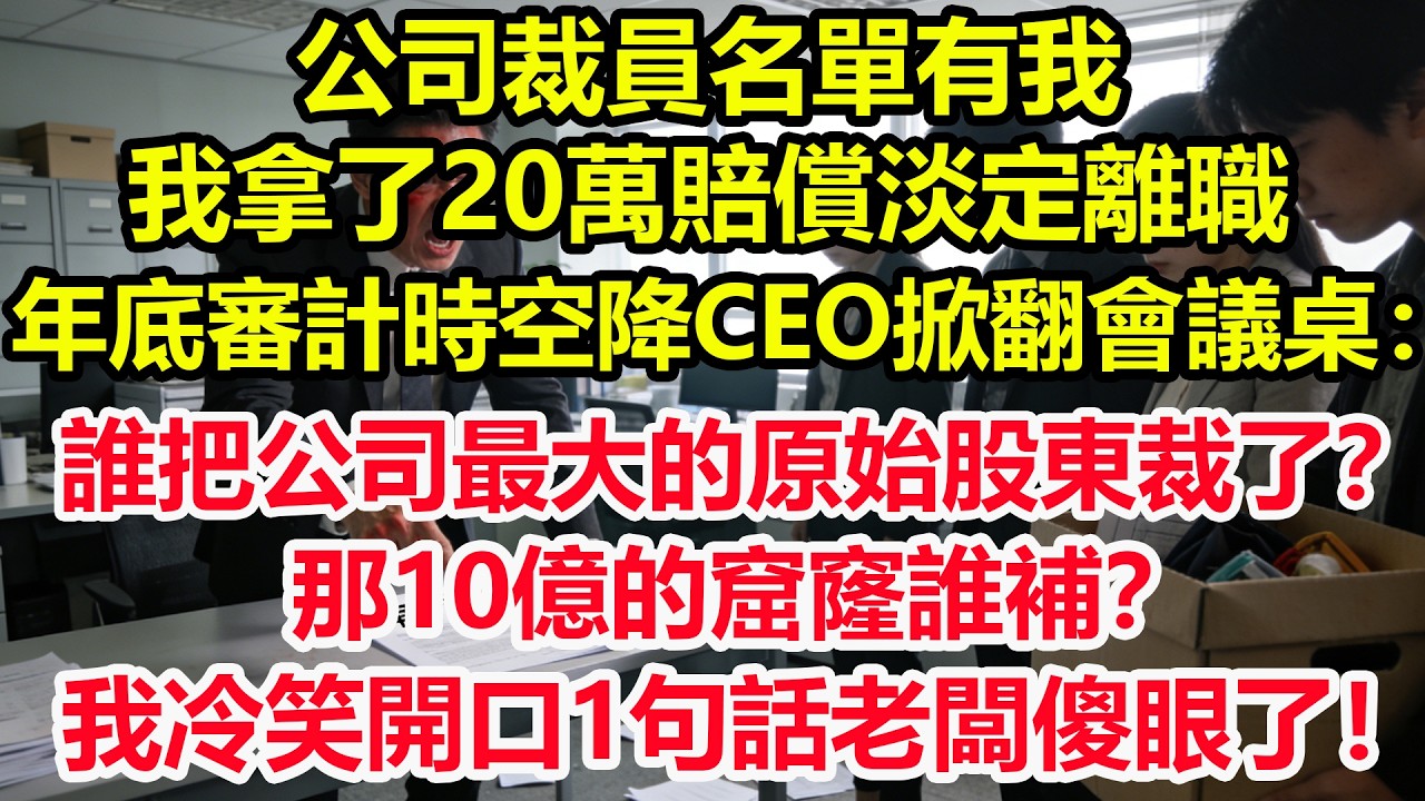 公司裁員名單有我，我拿了20萬賠償淡定離職，年底審計時，空降CEO掀翻會議桌咆哮：誰把公司最大的原始股東裁了？那10億的窟窿誰補？我冷笑開口1句話全場震驚老闆傻眼了！#情感 #爽文 #職場 #生活