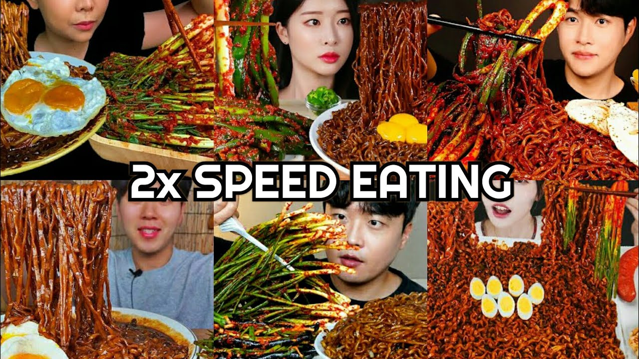 Green Onion Kimchi Black Bean Noodles Jjajangmyeon Mukbang | ASMR 2x Speed Eating Show