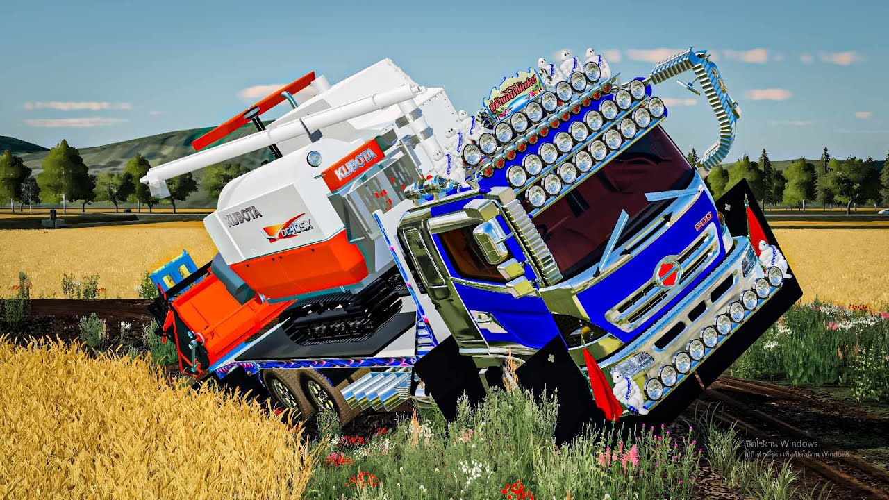 เทเลอร์แท่นเตี้ยย้ายรถเกี่ยวเจอดินทรุดรถเกือบคว่ำ Farming simulator 19
