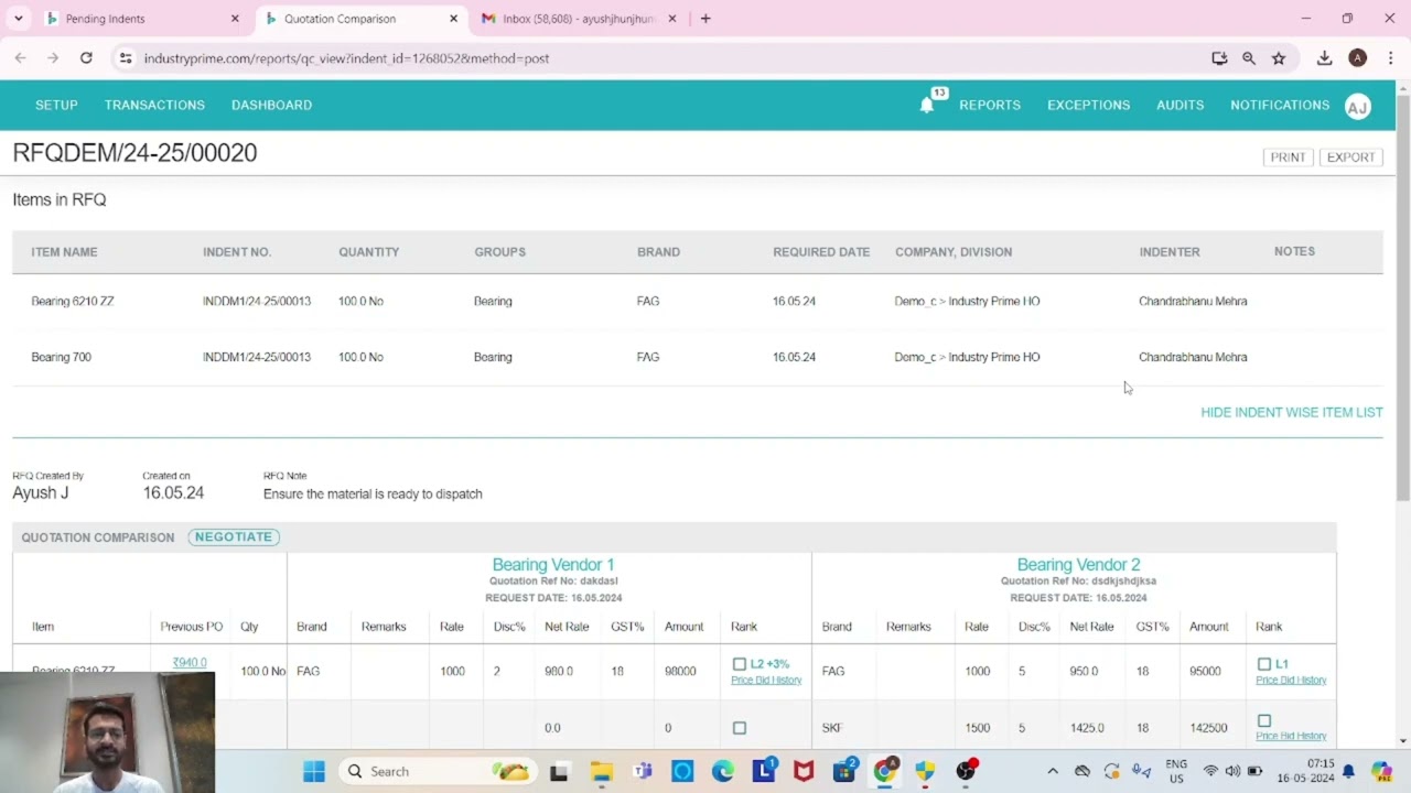 How to use Auto Quotation Comparison in IndustryPrime Software.