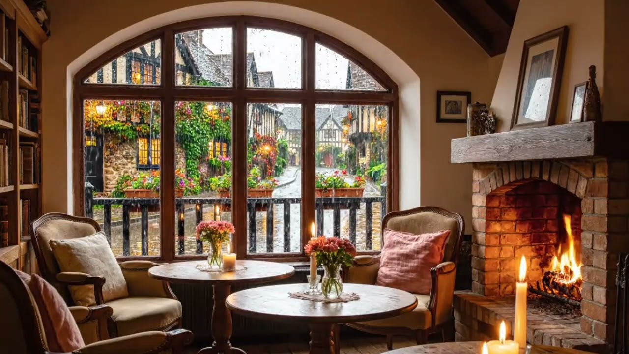Cozy Rainy Café Jazz ☕ Fireplace Warmth & Gentle Rain Sounds Outside
