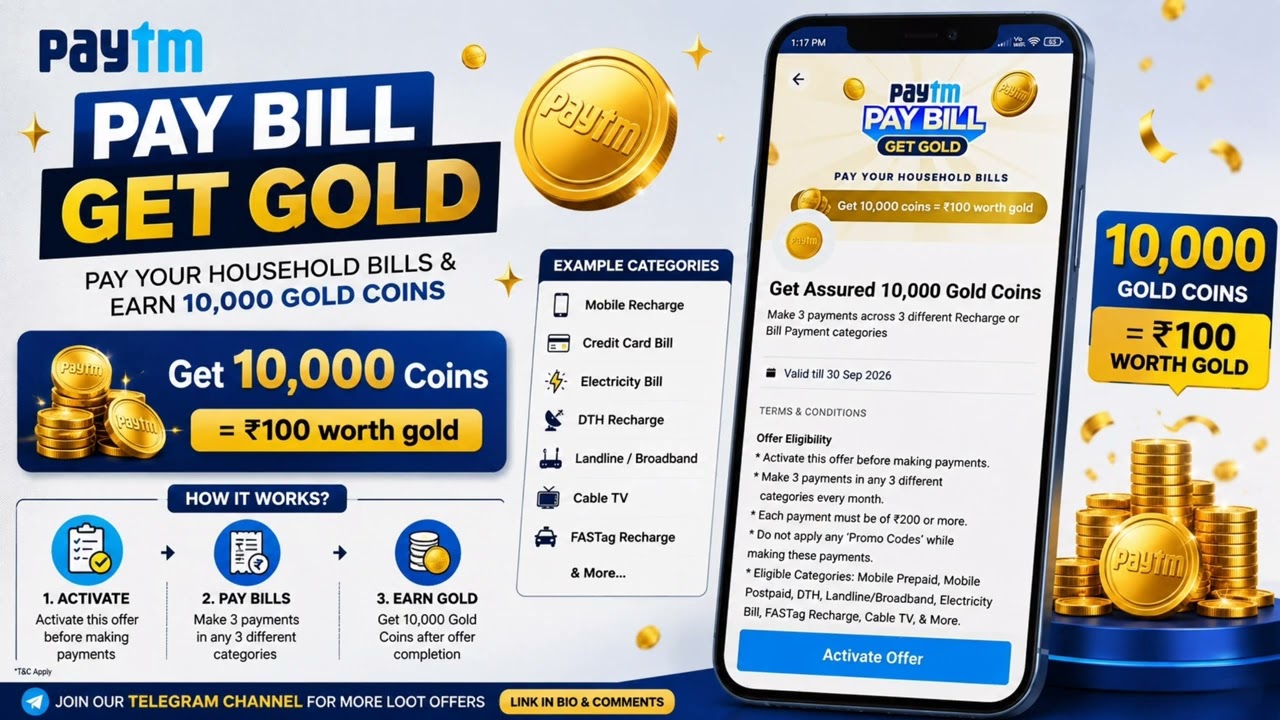 Paytm 10,000 Gold Coins Offer 😍 | 3 Bill Payments = ₹100 Reward? | Paytm New Offer 2026