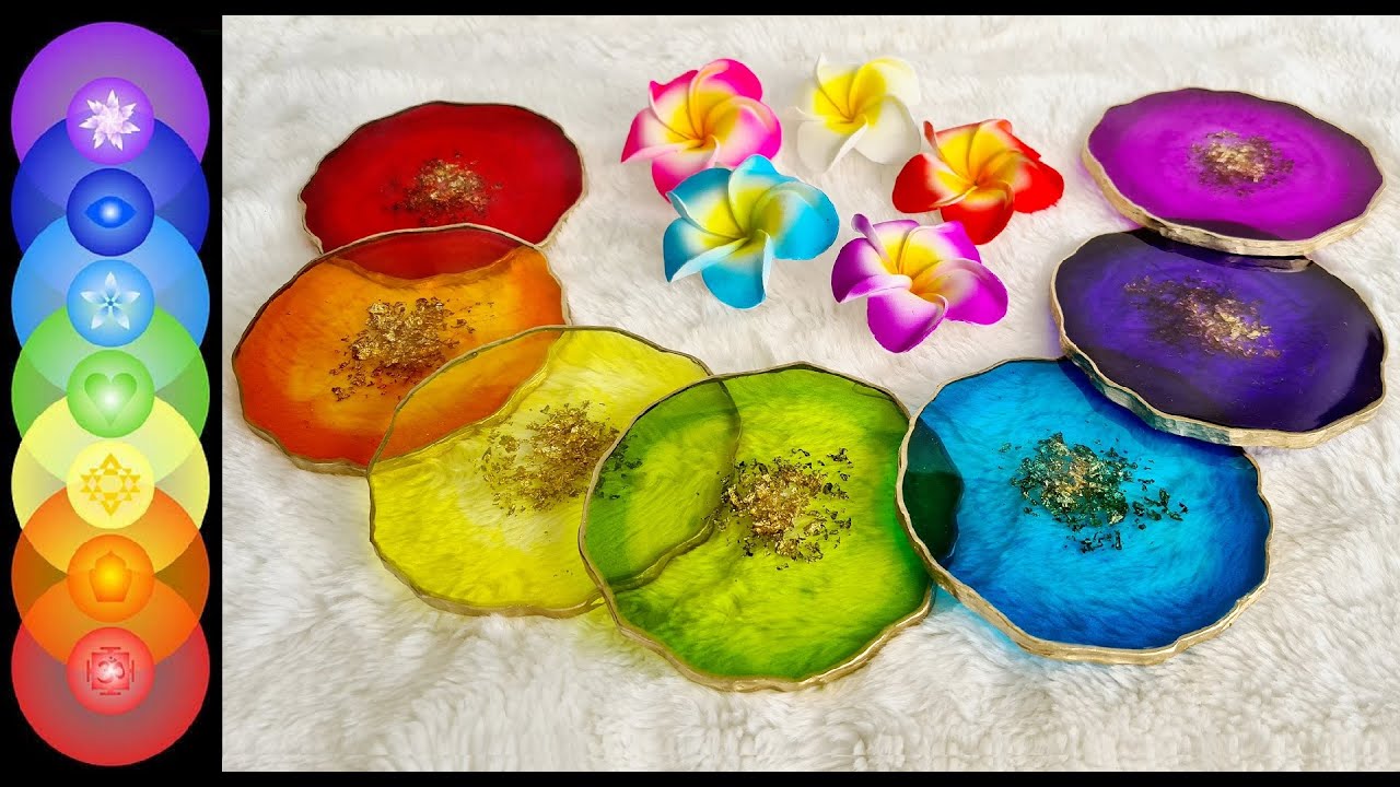 #1065 Gorgeous Chakra Rainbow Set Of Geode Shaped Resin Coasters