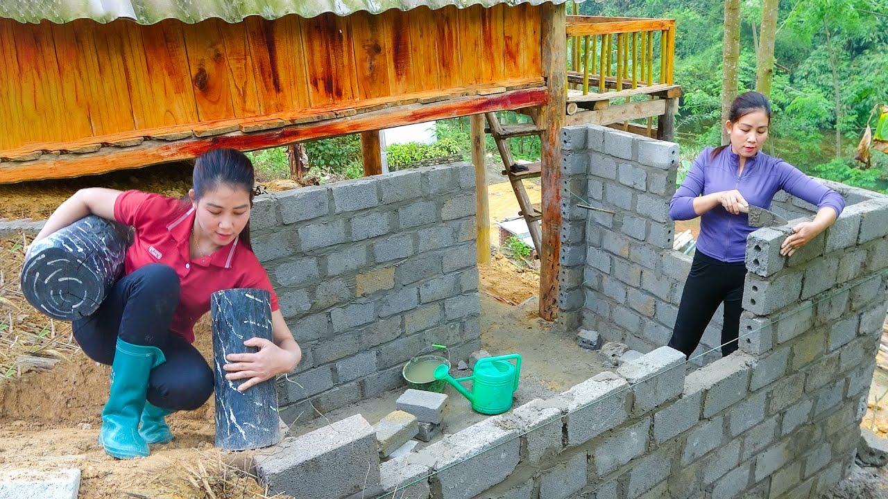 Building Kitchen with Concrete Bricks And Cement / Building New Log Cabin from Old Wooden House