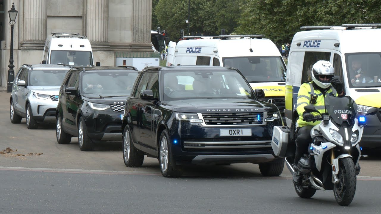 King Charles, Prince William, Royals and Military escorted by police to VE Day 80 event