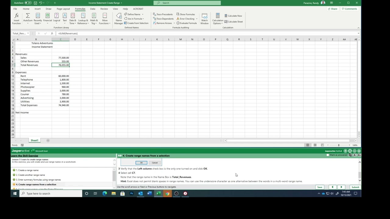 Excel Lesson 7a Creating Named Ranges