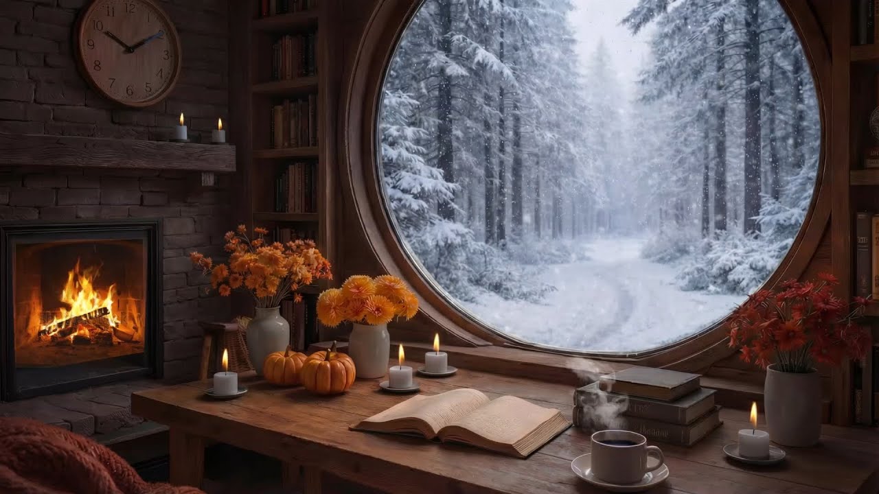 Beautiful Winter Jazz Café ❄️ Cozy Coffee Shop Ambience with Fireplace for Study, Work & Relax