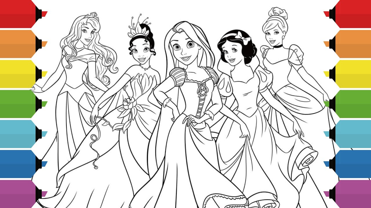 Coloring Disney Princess Coloring Page | Rapunzel, Tiana, Snow White, Aurora & Cinderella
