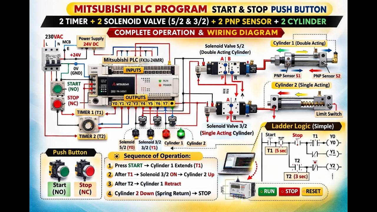 Mitsubishi PLC Full Practical 🔥 Start-Stop + Timer + Solenoid + Sensor Complete Wiring #plc