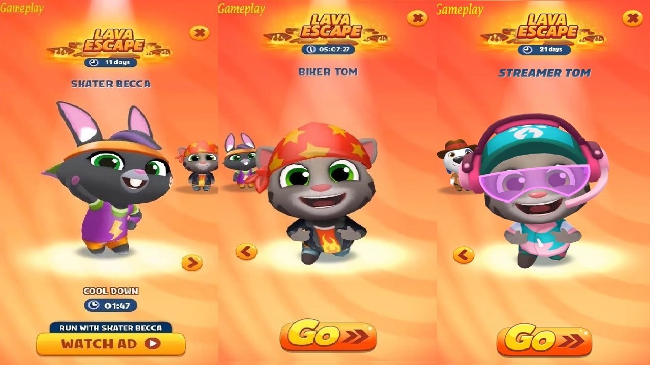 Talking Tom Gold Run NEW UPDATE New Character Streamer Tom VS Biker Tom VS Skater Becca Lava Escape