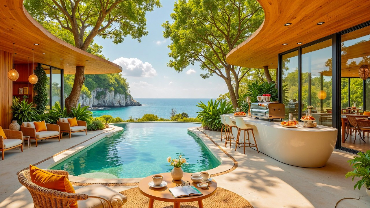 Luxury Living Room Ambience in Hawaii Beach  🌊 Smooth Jazz Music & Ocean Waves for a Joyful Morning