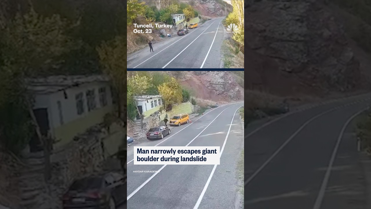 Man narrowly escapes giant boulder during landslide