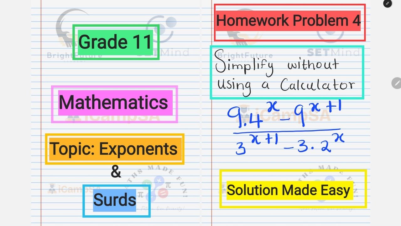 Grade 11 Mathematics: Simplify exponents expression without using a calculator | Homework 4 
