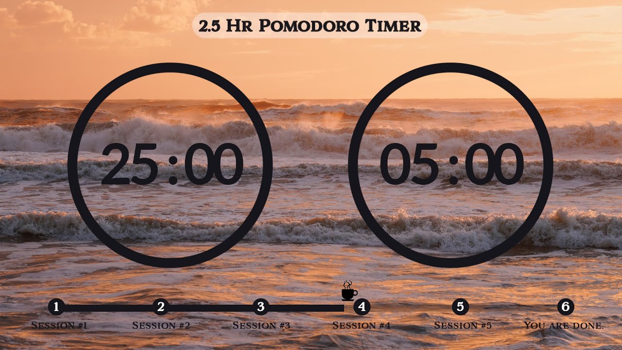 25 Minute Pomodoro Timer 🌊Ocean Wave ASMR 📚2.5-Hour Study ⏱Pomodoro 25/5, 25 min x 5 sets