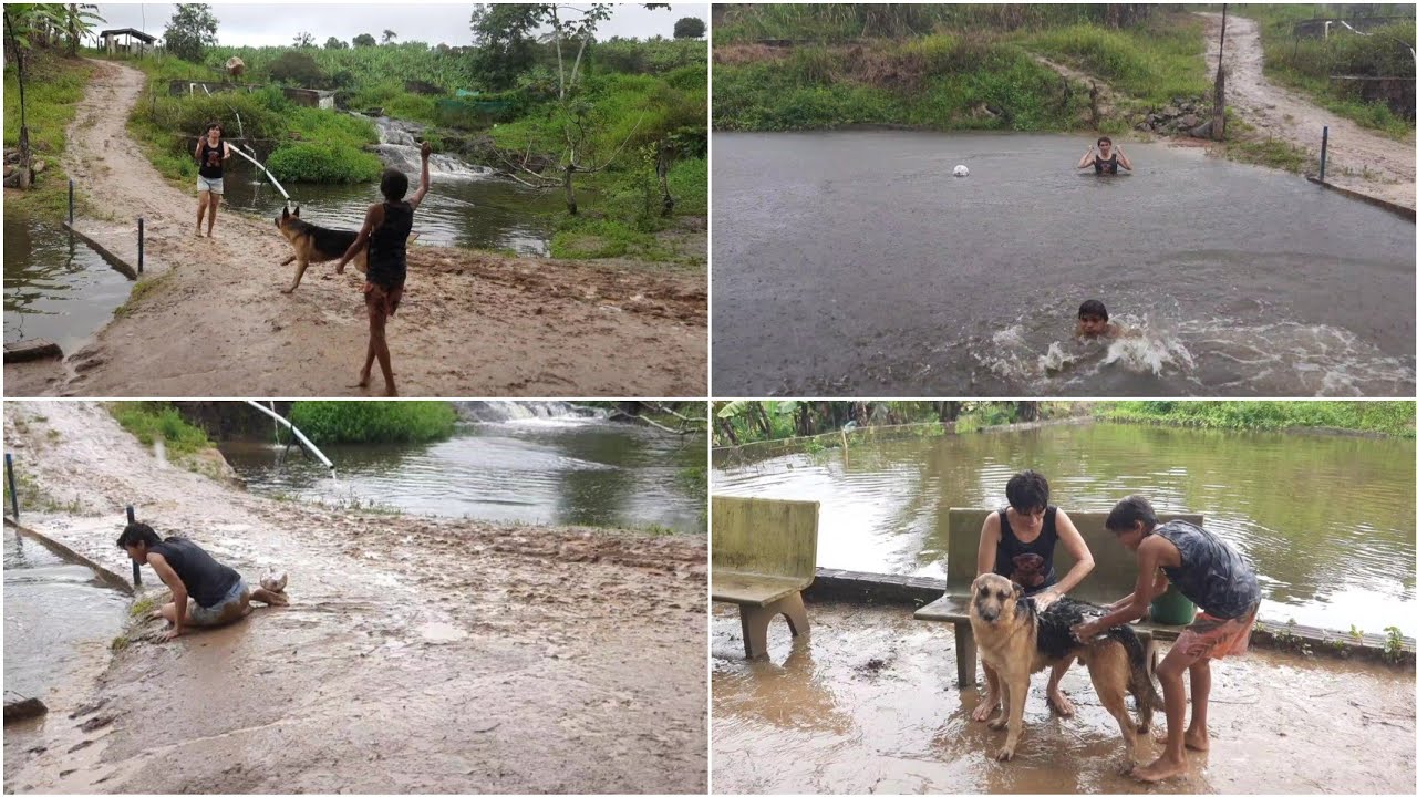 TOMANDO BANHO DE CHUVA E BRINCANDO NA LAMA, ATÉ APOLO TOMOU BANHO HOJE! 