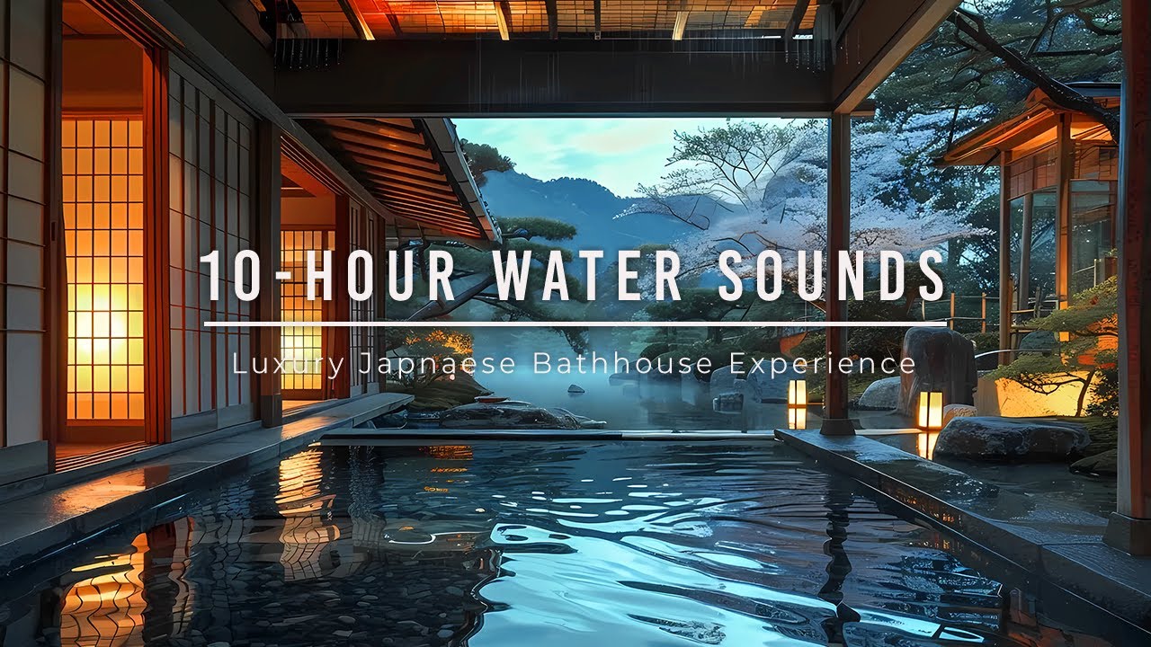 10-hour Water Sounds | Japanese Onsen with Wabi-Sabi Japanese Garden