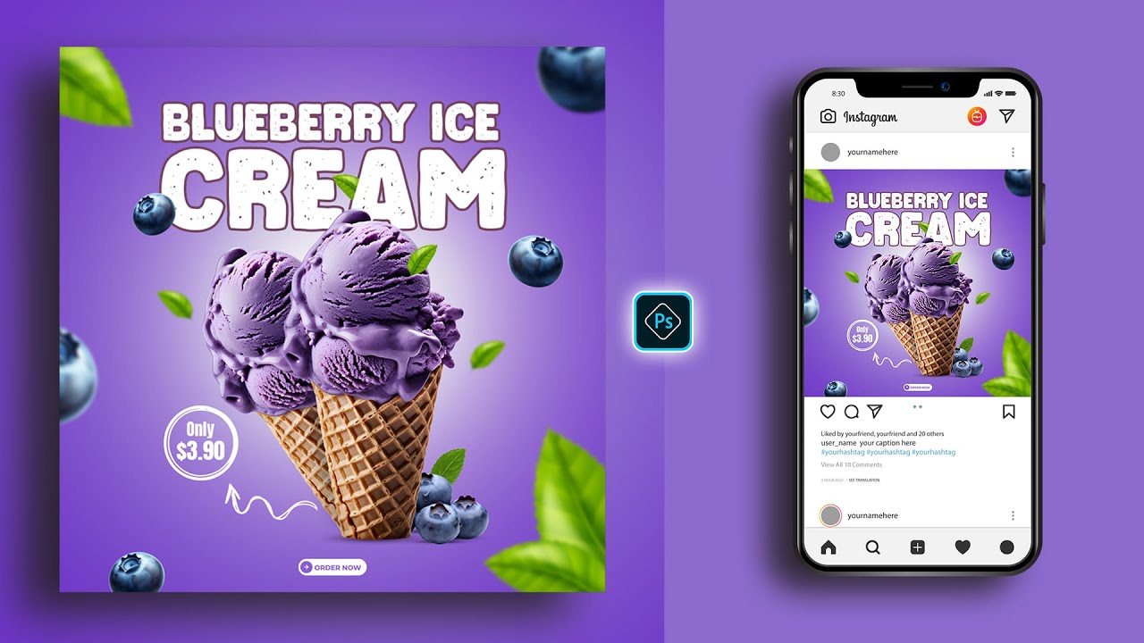 Ice cream Poster Design | Social Media Banner Post Design in Photoshop Tutorial