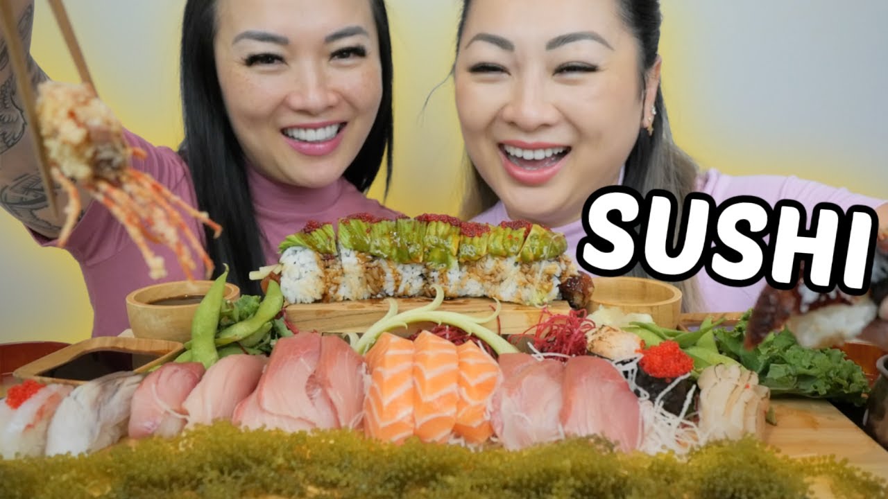 Ассорти из суши * Ассорти из сашими и нигири с роллом &laquo;Зеленый дракон&raquo; Sisster Mukbang | N.E Let'...
