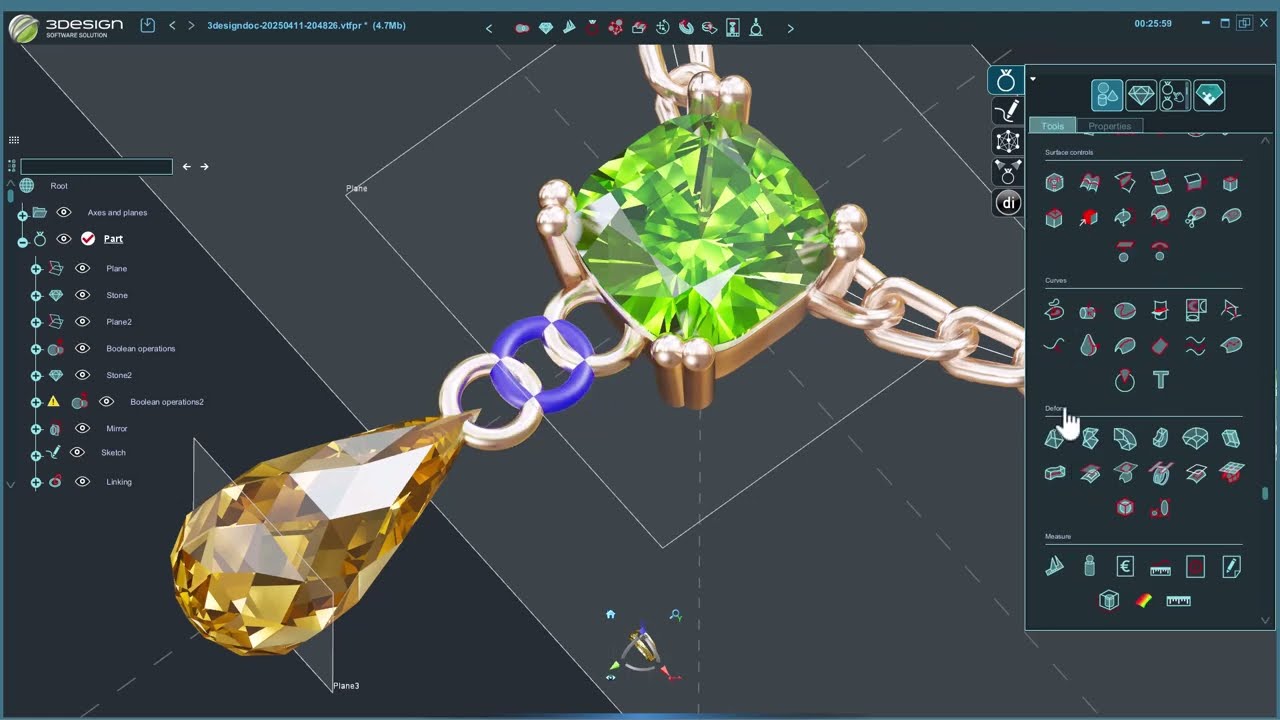 3design CAD Demo Jewellery Build - Peridot cushion and marquis drop necklace