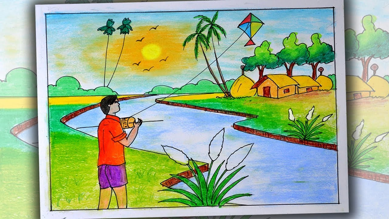 How to Draw Scenery of Kite Flying, Easy Village  Scenery Drawing