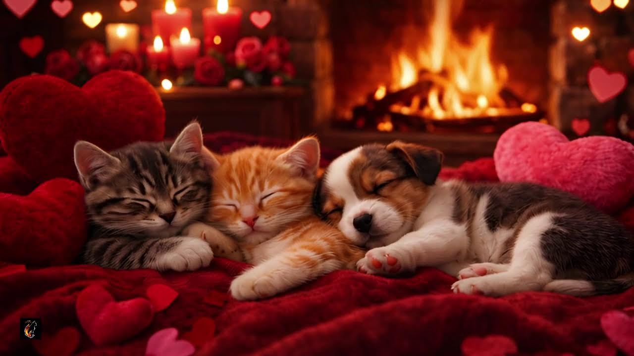❤️ Valentine Fireplace Cuddles | Sleeping Puppy & Purring Kittens 🔥🐾