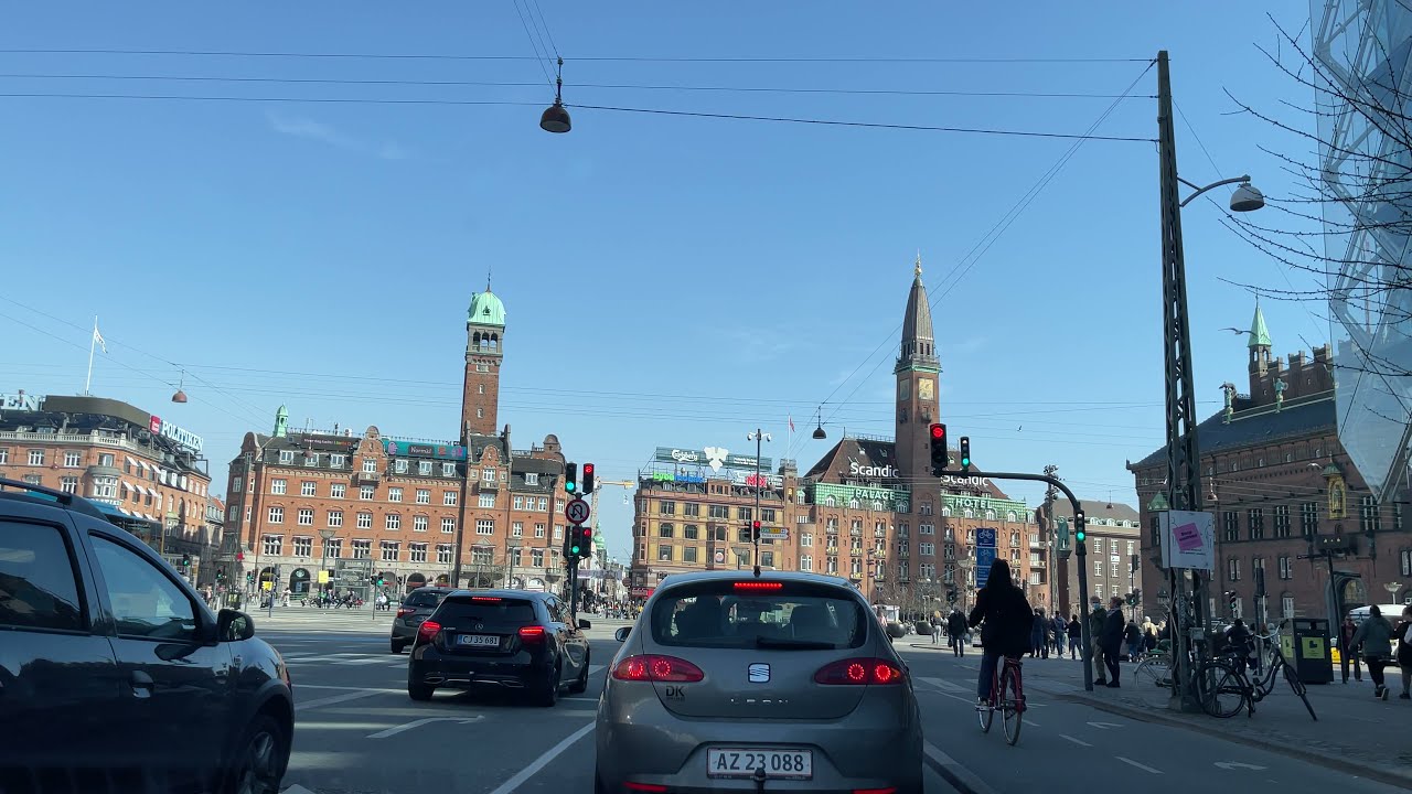 Copenhagen City Center in 4K | From Vesterbrogade - Rådhuspladsen - Amager Boul. way Amager Beach