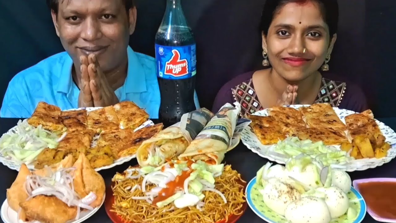 ASMR EATING EGG MUGHLAI PARATHA, EGG ROLL, BOILED EGG, SAMOSA, EGG CHAWMEIN, COOL DRINK, MUKBANG