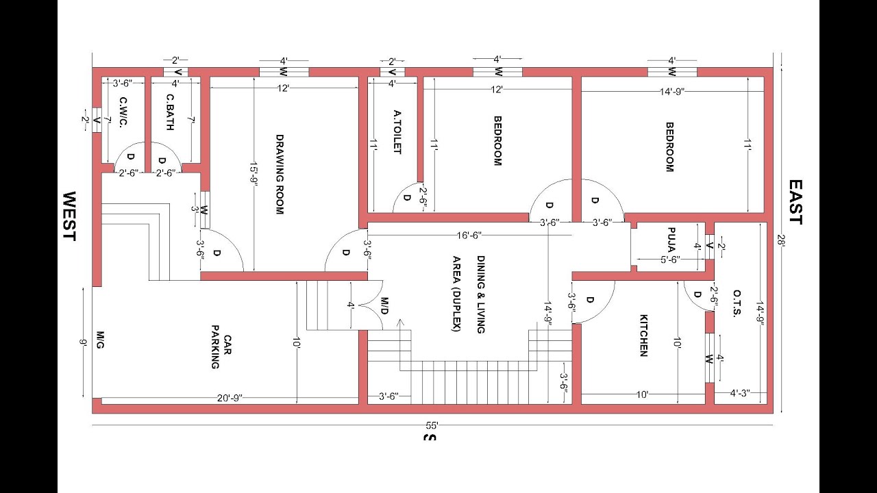 33x55 West Face Plot House Plans With 2 Bedroom And Drawing Room , Puja Ghar , Car Parking , Kitchen