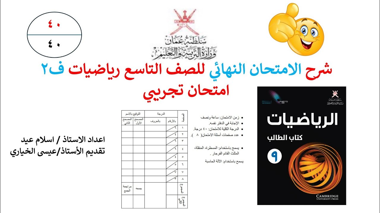 مراجعة الامتحان النهائي لمادة الرياضيات للصف التاسع الفصل الدراسي الثاني