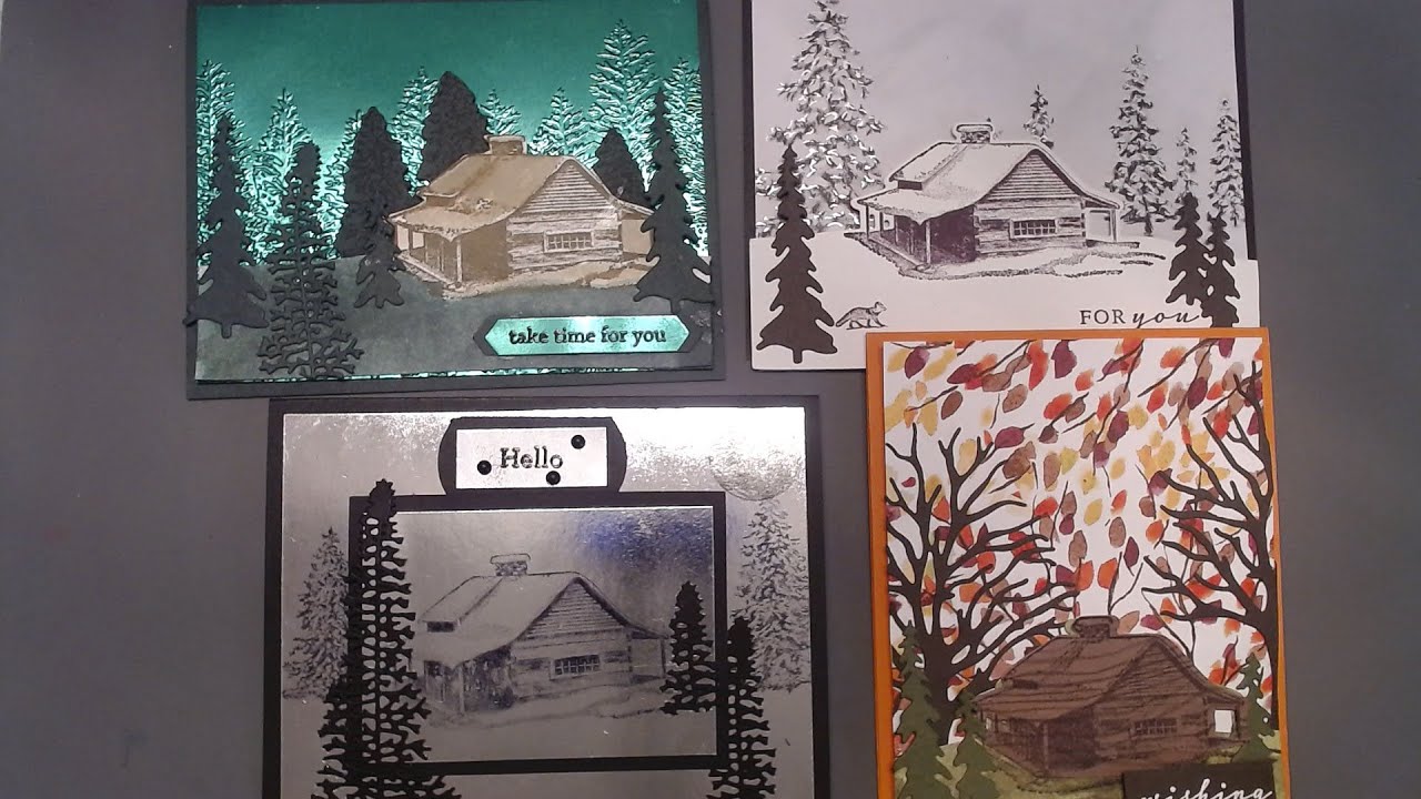 Simple & quick cards using Peaceful Cabin for all four seasons of the year with water painters