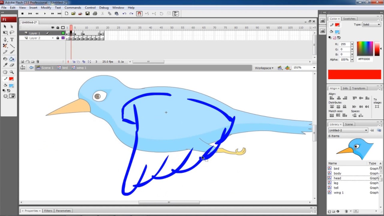 Adobe Flash Animation tutorial for beginners:Flying bird animation