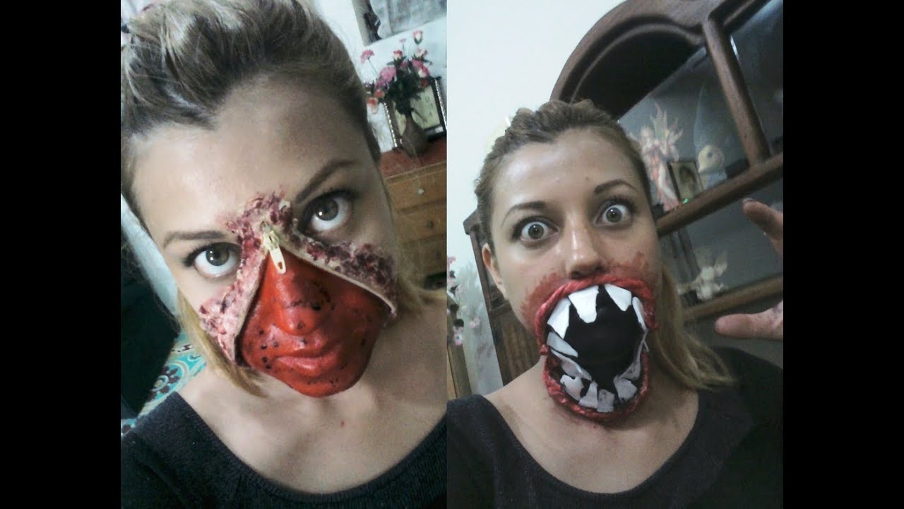 Maquillajes para Halloween - cara abierta por cierre y mounstruo de boca enorme - Jossie