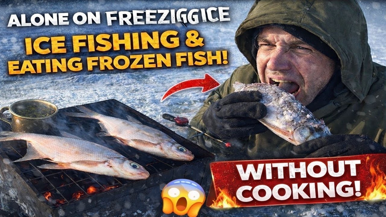 Camping Alone on a Frozen Lake (Ice Fishing & Survival Food) #icefishing #solocamping #survival