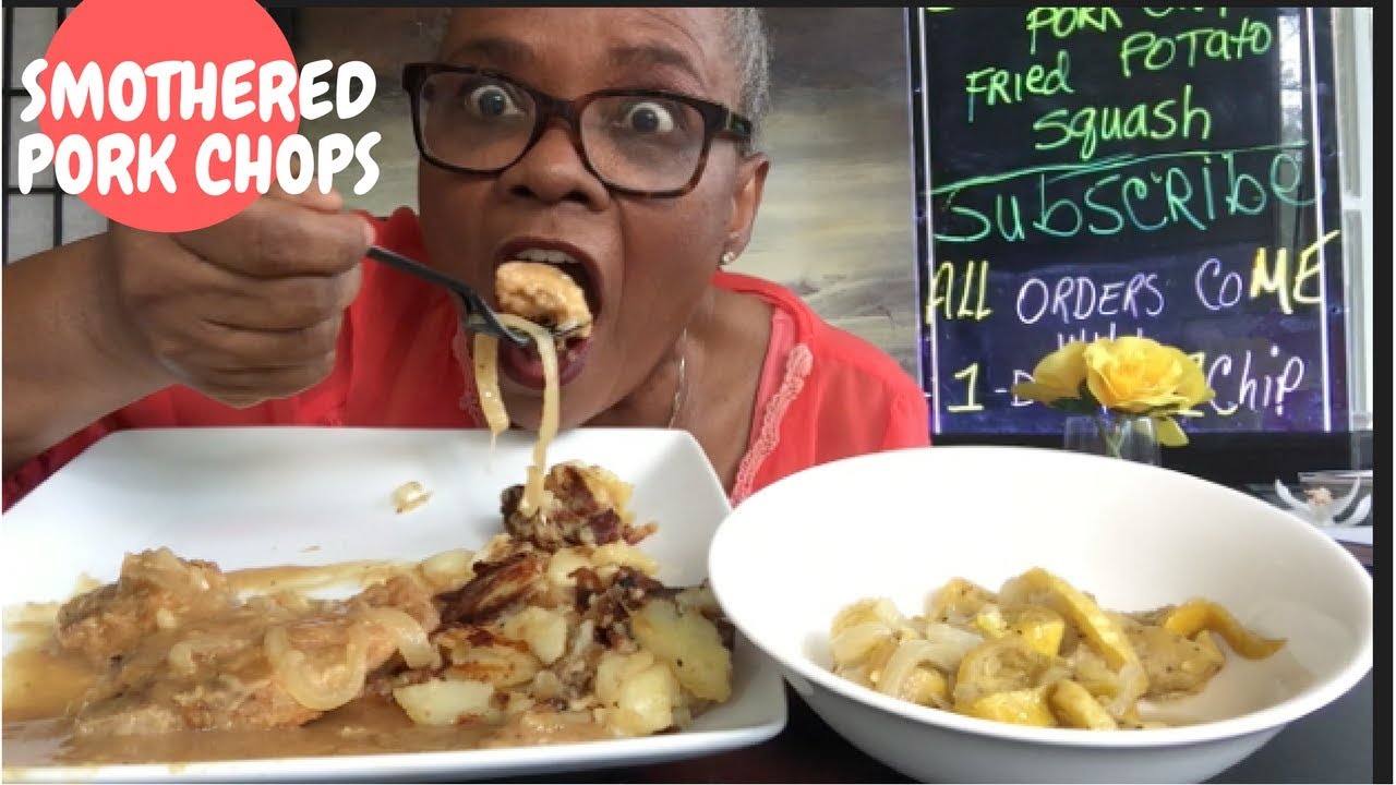 DIY SMOTHERED PORK CHOPS | FRIED POTATOES WITH SAUTEED ONIONS  AND SQUASH