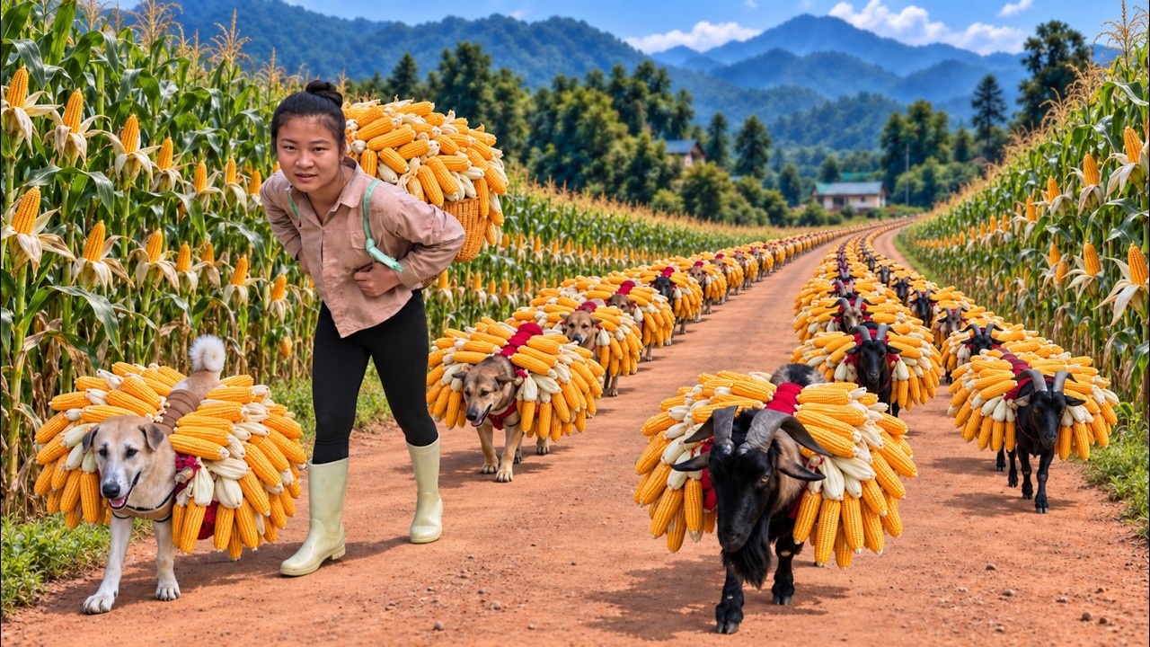 Highland Life: Harvesting mountain corn to sell at the market with my dogs and goat - ha thi muon