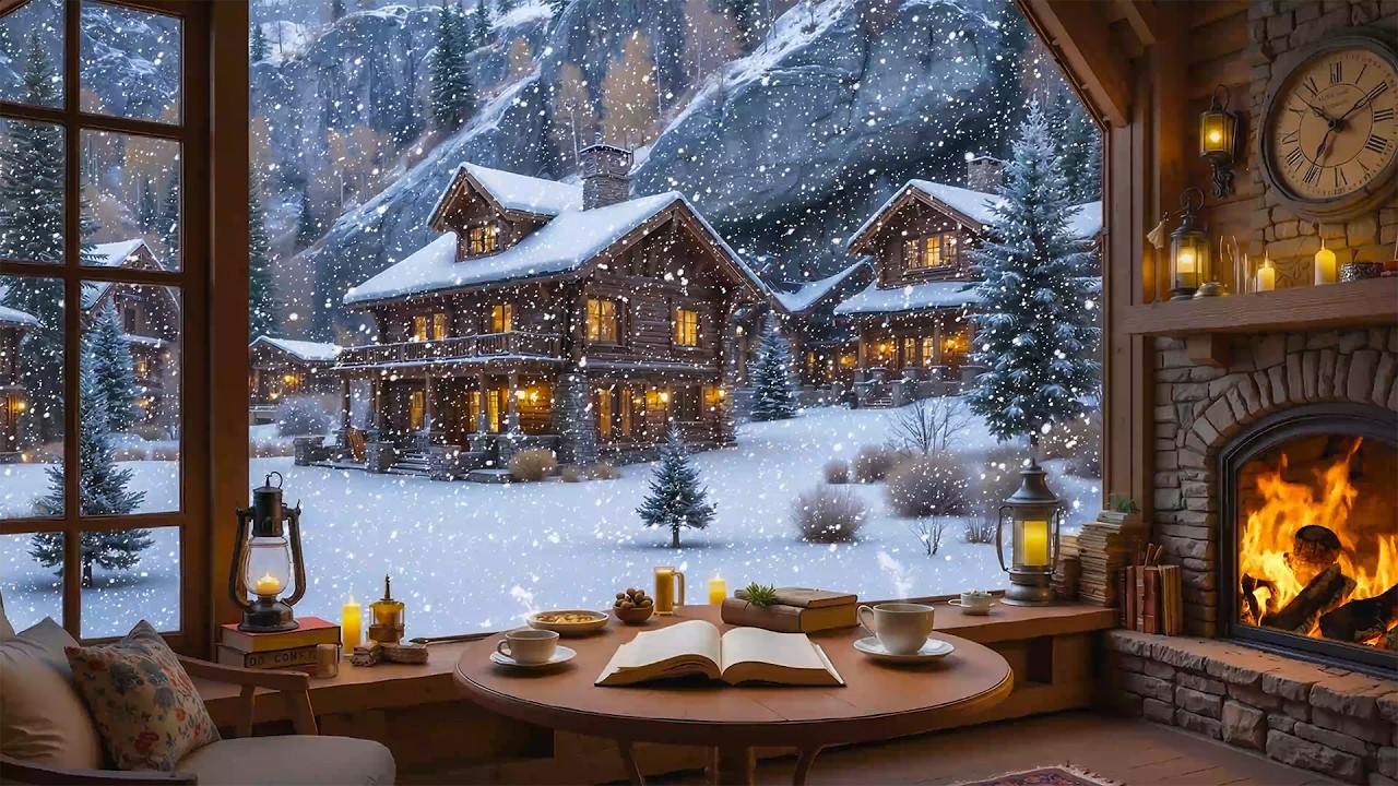 Умиротворяющий зимний кофейный джаз 4K ❄️ Нежные звуки фортепиано и потрескивание огня